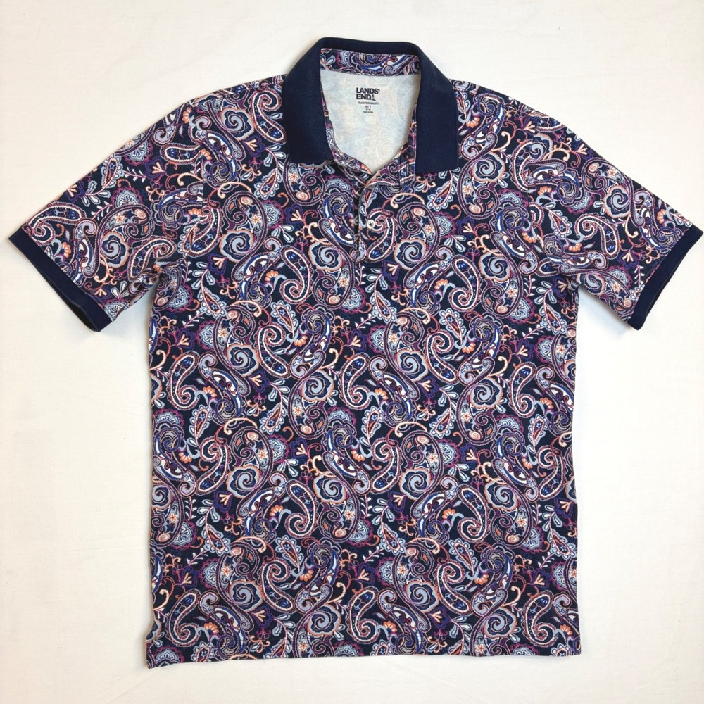 Lands End Mens Paisley Polo Shirt Traditional Fit Navy Blue Purple Medium Tall‎